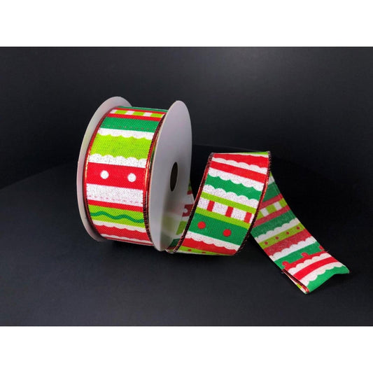 1.5" Whimsy Stripe Ribbon: Lime, Red, White (10 Yards)
