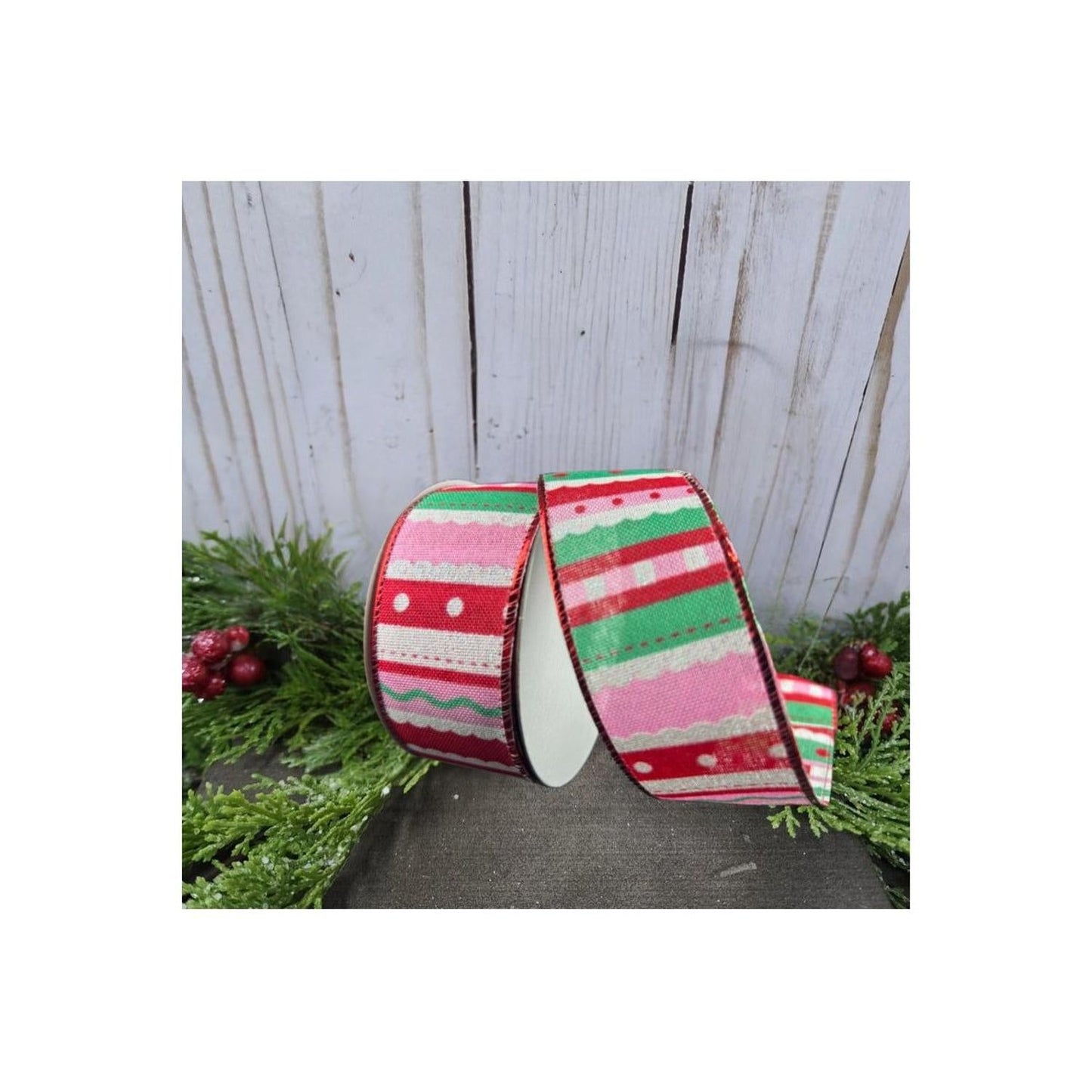 1.5" Whimsy Stripe Ribbon: Red, Mint, Pink