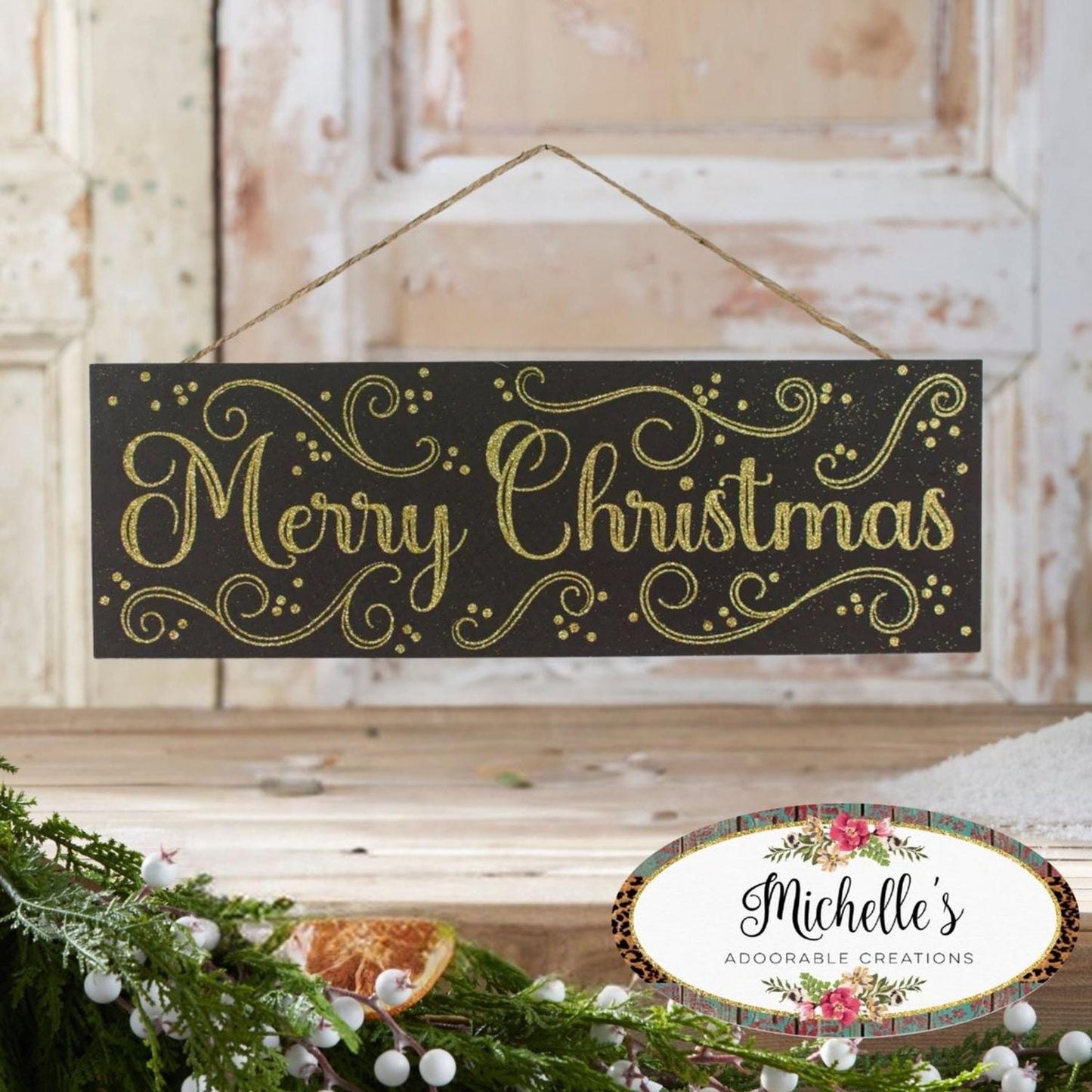 15" Wooden Sign: Merry Christmas Black/Gold