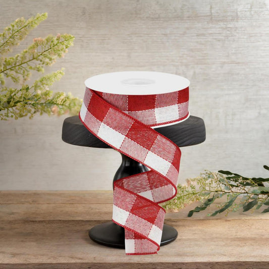1.5" Woven Check Ribbon: Red & White (10 Yards)