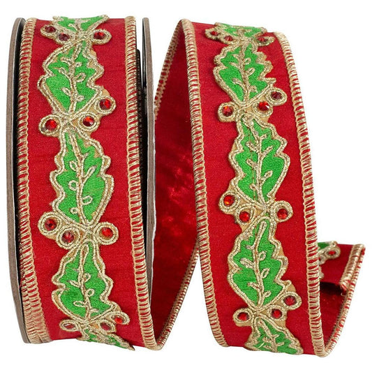 1.5in Holly Leaf Jewel Embroidery Ribbon: Red/Green (5 Yards)