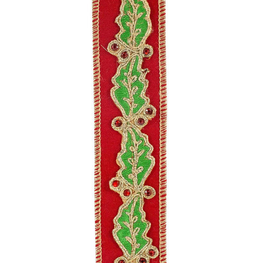 1.5in Holly Leaf Jewel Embroidery Ribbon: Red/Green (5 Yards)