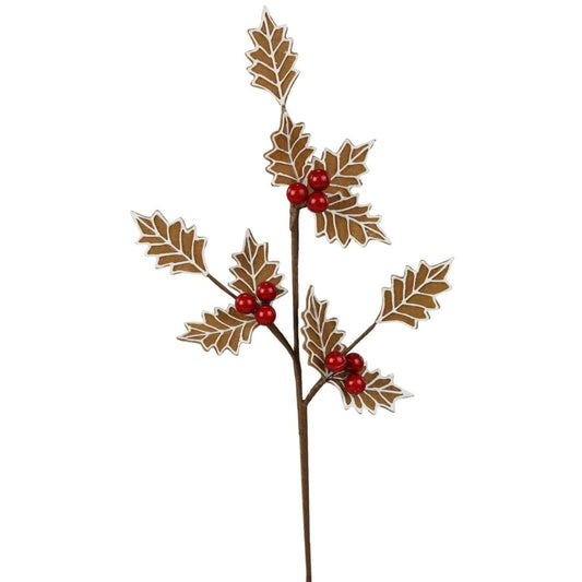 19" Gingerbread Holly Leaf Spray