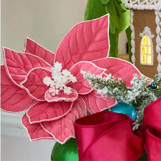 22" Pink Glitter Trim Poinsettia Stem