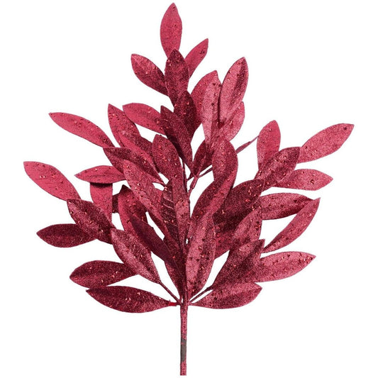 23" Glitter Bay Leaf Spray: Burgundy