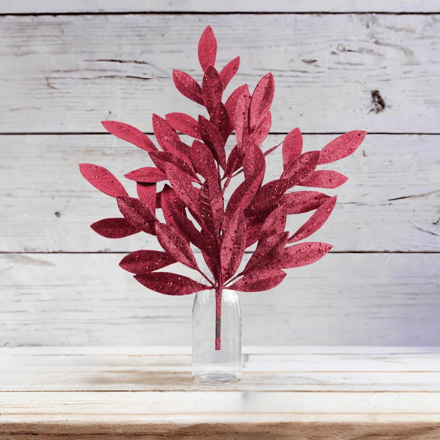 23" Glitter Bay Leaf Spray: Burgundy