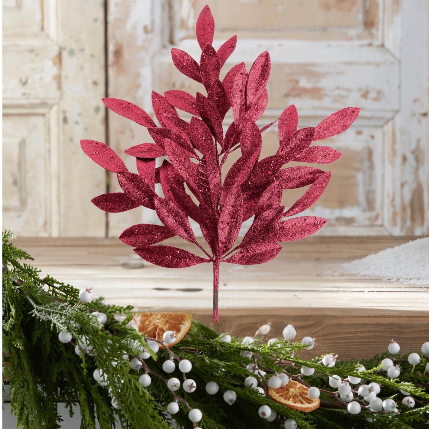 23" Glitter Bay Leaf Spray: Burgundy