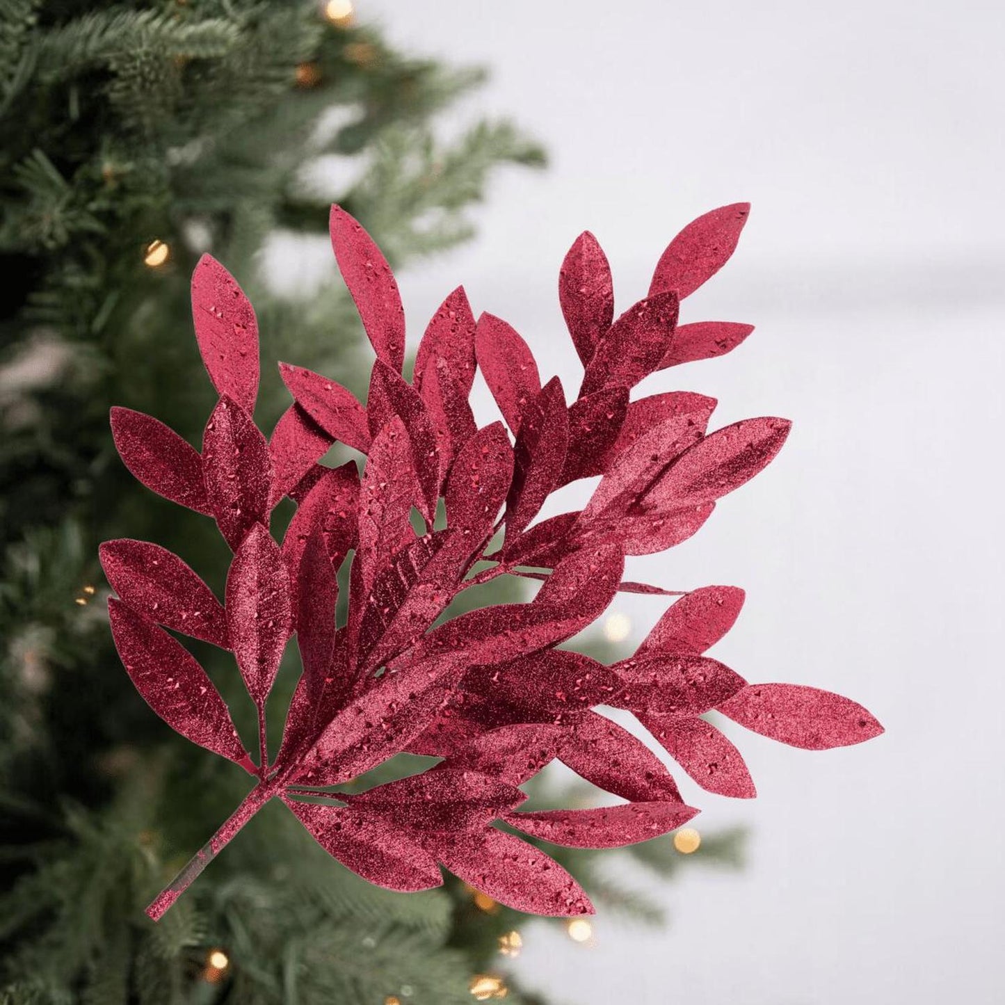 23" Glitter Bay Leaf Spray: Burgundy