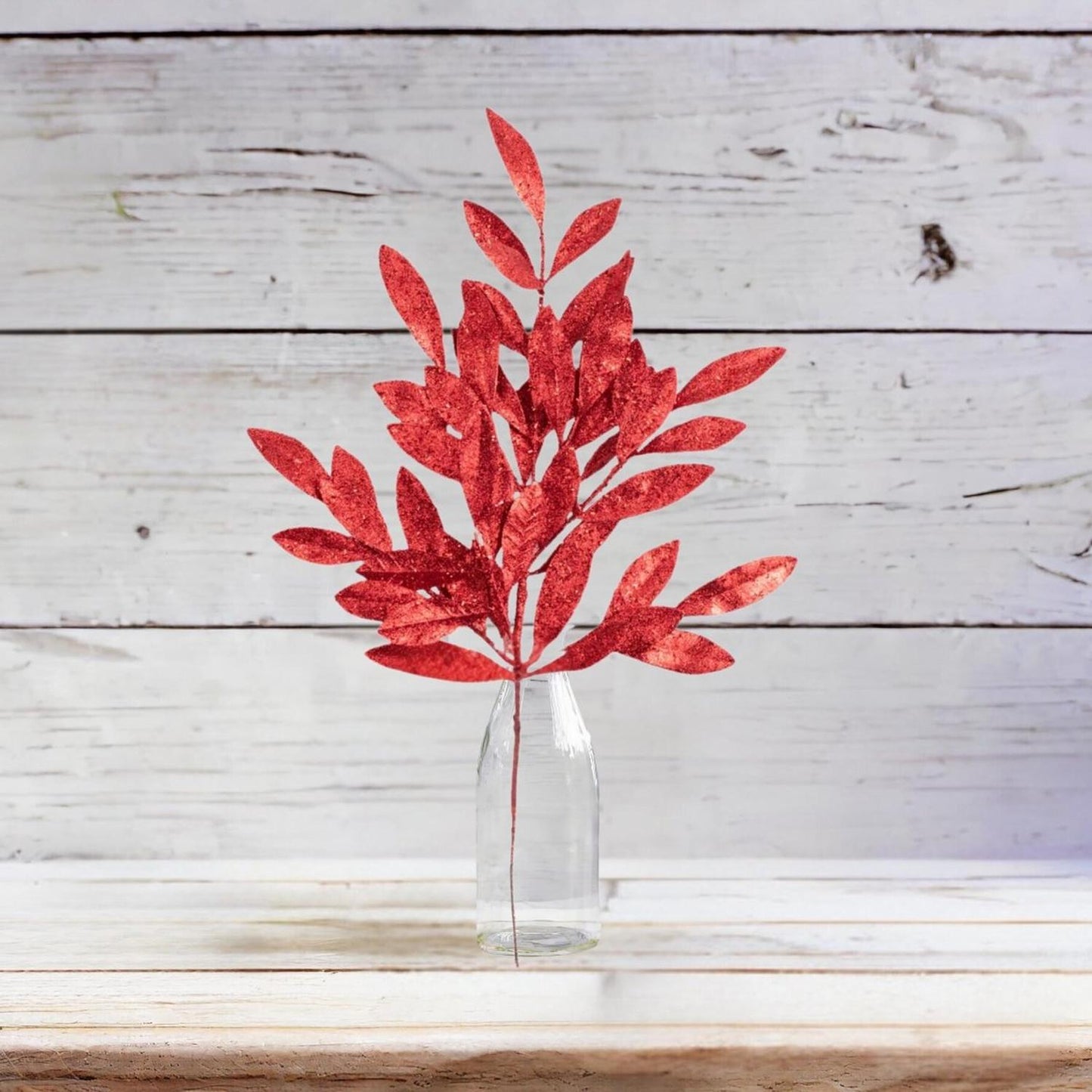 23" Glitter Bay Leaf Spray: Red