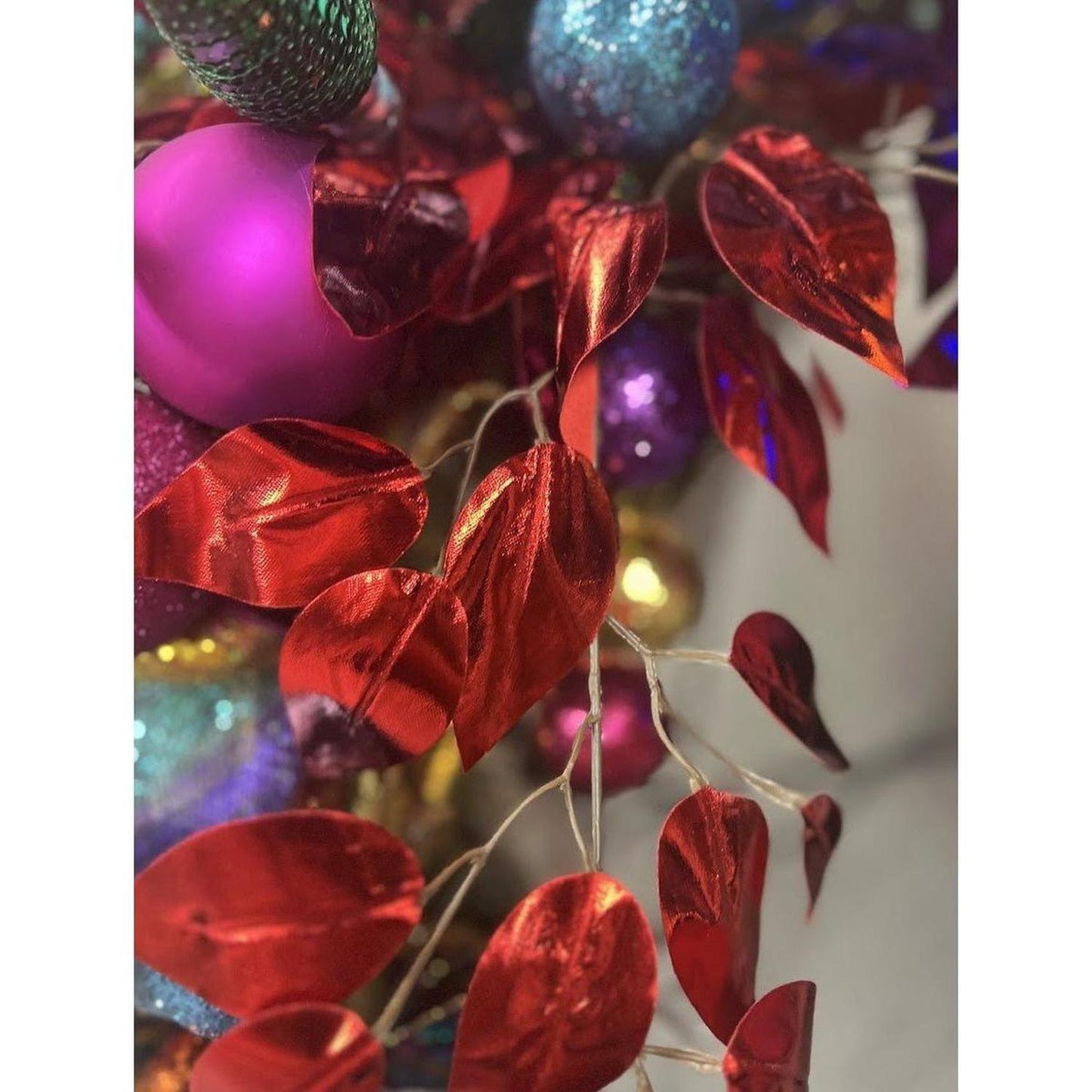 23" Metallic Ficus Leaf Spray: Red (Set of 12)