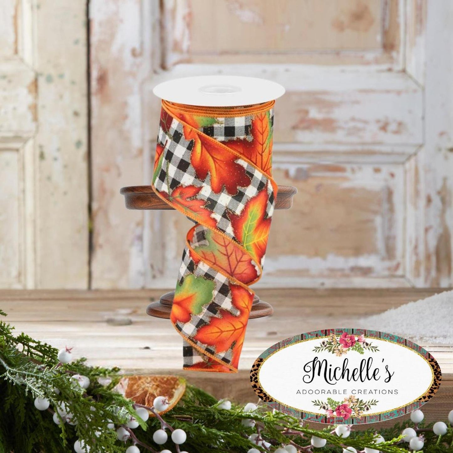 2.5" Autumn Leaves Check Ribbon: White/Black (10 Yards)