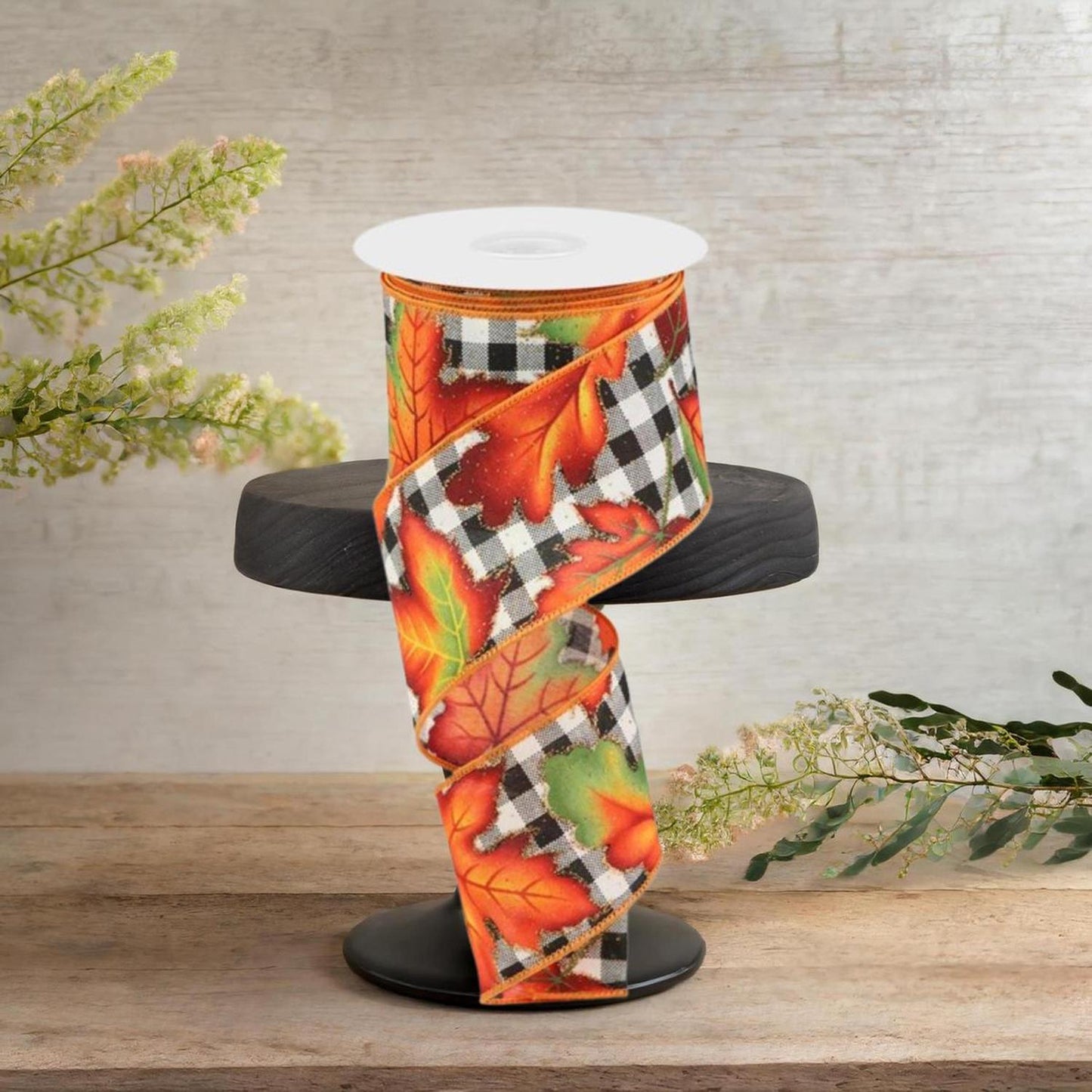 2.5" Autumn Leaves Check Ribbon: White/Black (10 Yards)