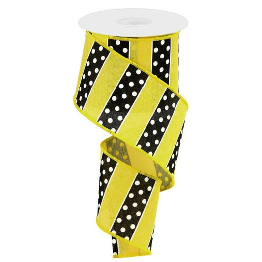 2.5" B & W Polka Dot Stripes Ribbon: Sun Yellow (10 Yards)