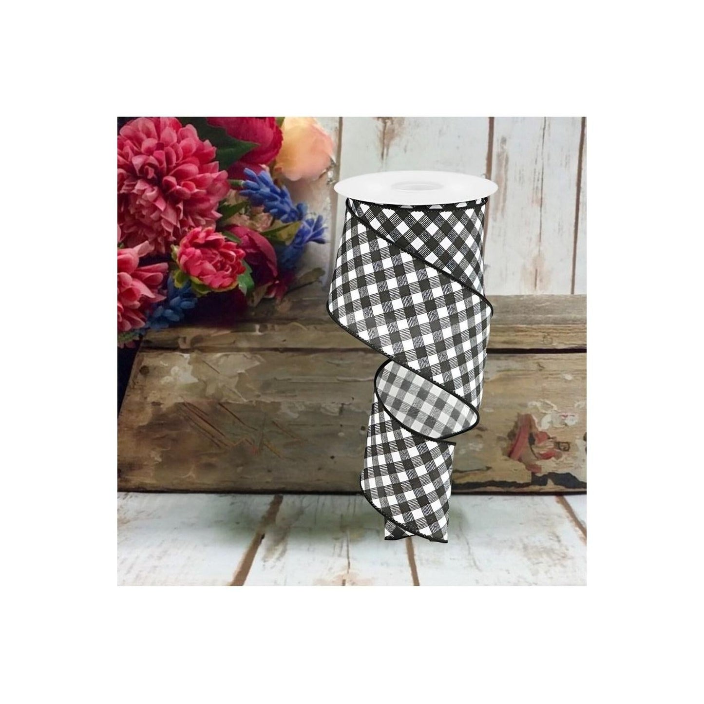 2.5" Bias Gingham Ribbon: Black & White (10 Yards)