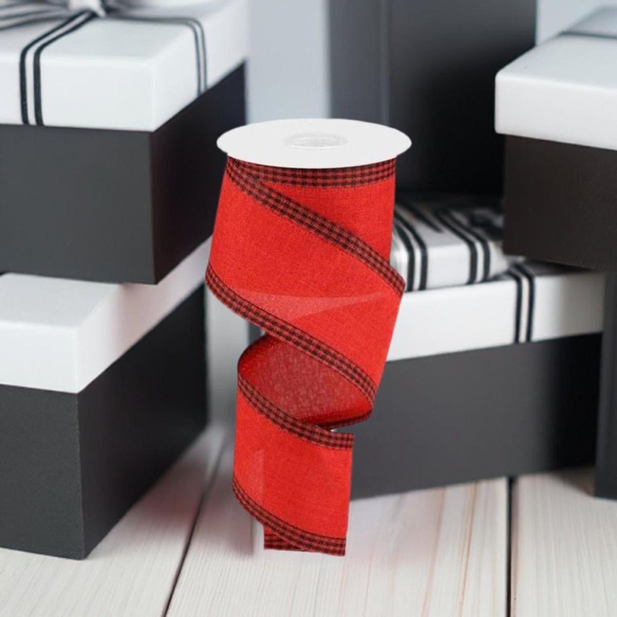 2.5" Black Gingham Edge Ribbon: Red (10 Yards)