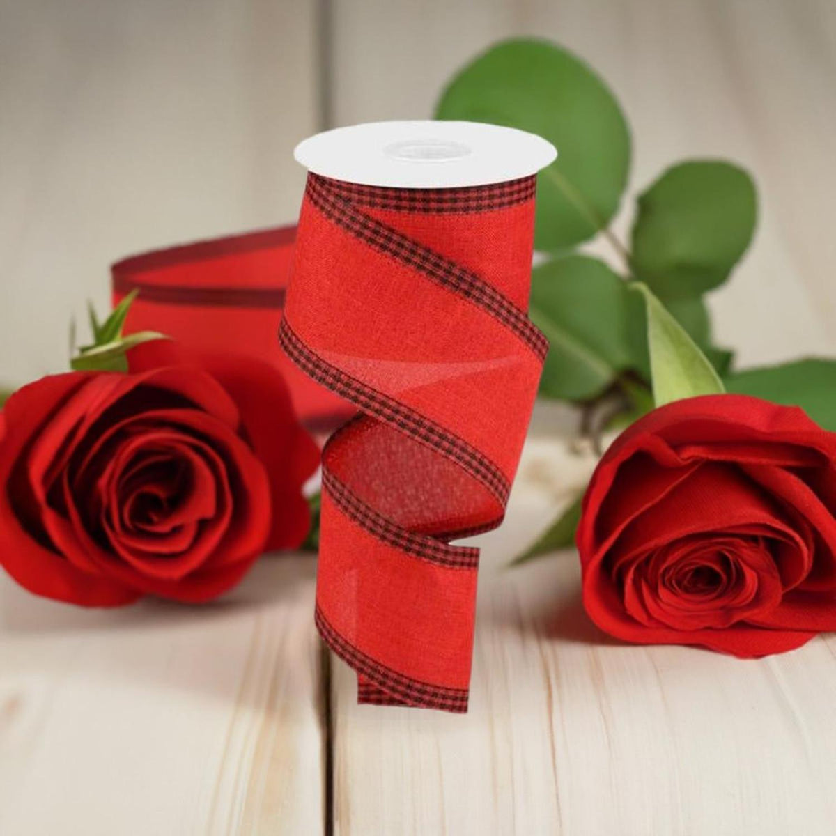 2.5" Black Gingham Edge Ribbon: Red (10 Yards)