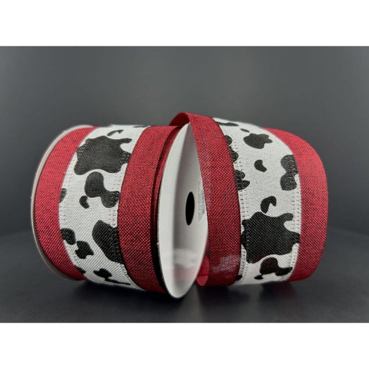 2.5" Black Linen Cow Print Ribbon: Dark Red (10 Yards)
