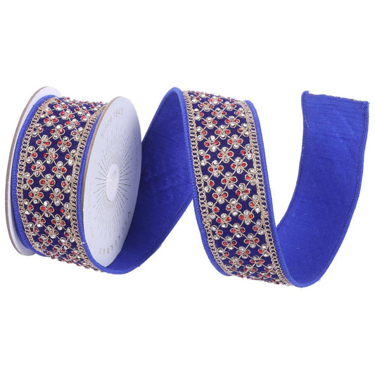2.5" Blue Velvet Gold Trim Red Jewel Ribbon (5 Yards)
