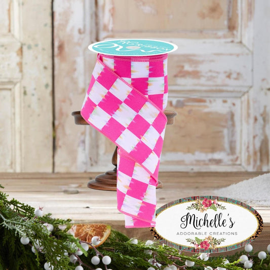 2.5" Bold Antique Checkerboard Ribbon: Hot Pink (10 Yards)