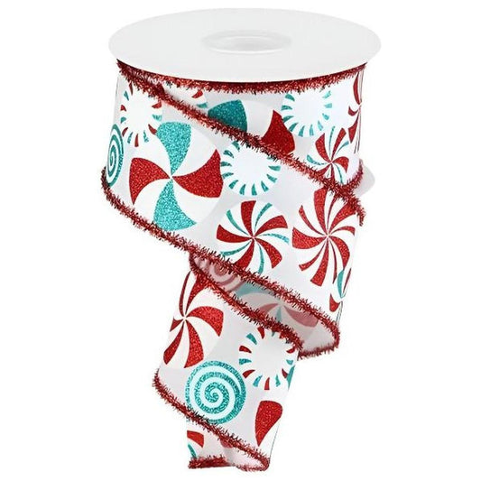 2.5" Bold Peppermint Tinsel Ribbon: White (10 Yards)