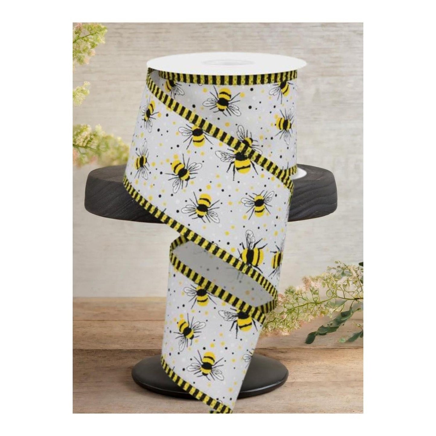 2.5" Bumble Bee Stripe Edge Ribbon: White (10 Yards)