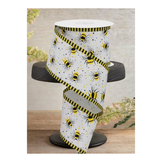 2.5" Bumble Bee Stripe Edge Ribbon: White (10 Yards)