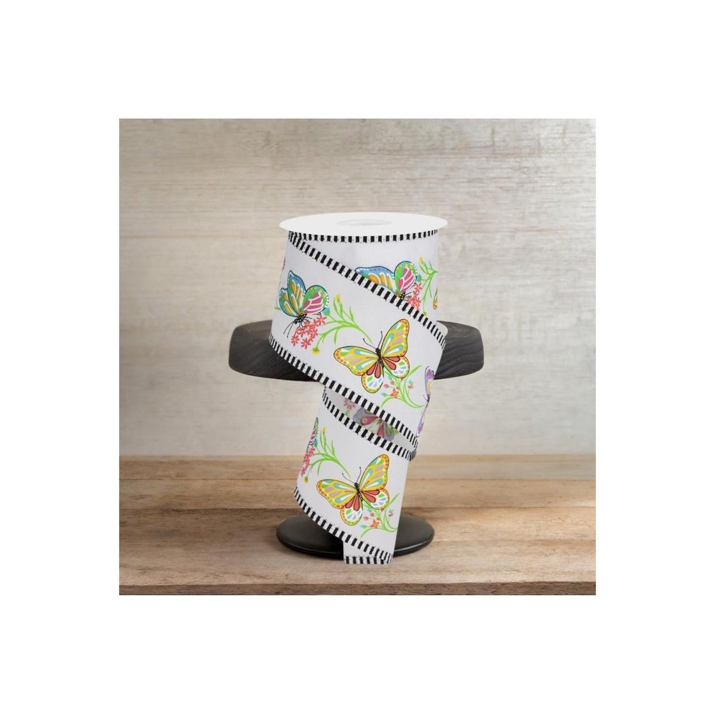 2.5" Butterfly Branch Stripe Ribbon: White (10 Yards)