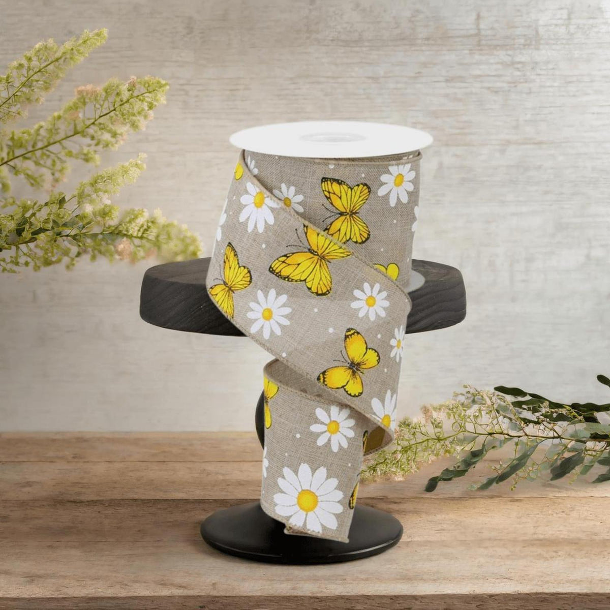 2.5" Butterfly Daisy on Royal Ribbon: Natural (10 Yards)