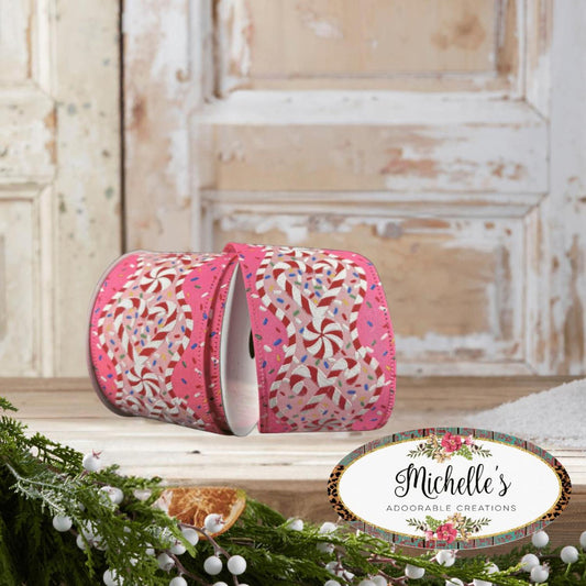 2.5" Candy Cane Sprinkle Ribbon: Pink (10 Yards)