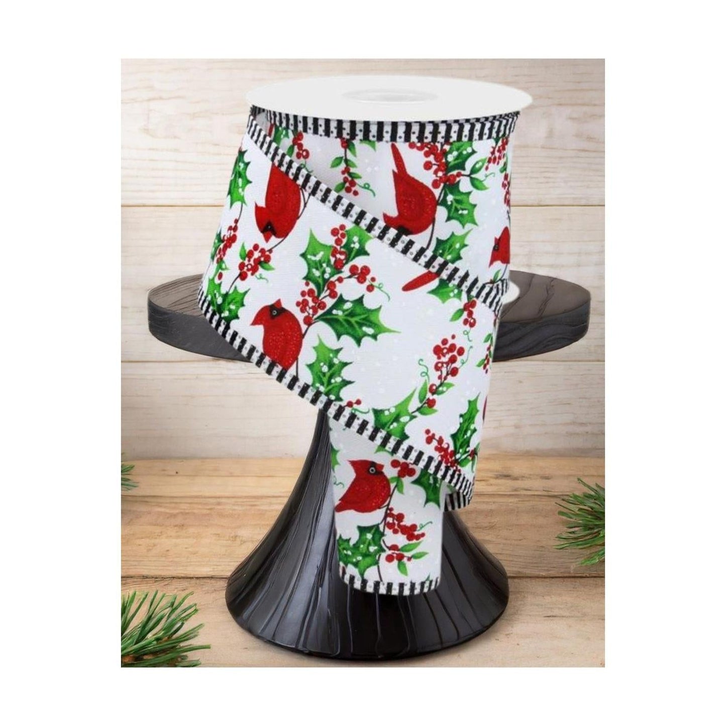 2.5" Cardinal Holly Berry Stripe Edge Ribbon: White (10 Yards)