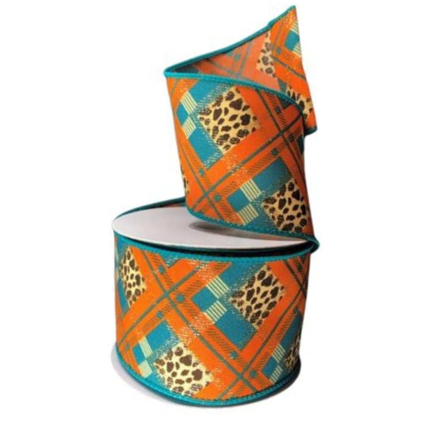 2.5" Cheetah Argyle Plaid Ribbon: Teal & Orange (10 Yards)