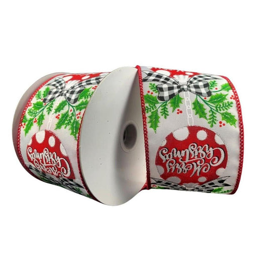 2.5" Christmas Ornament Holly Ribbon: White & Red (10 Yards)