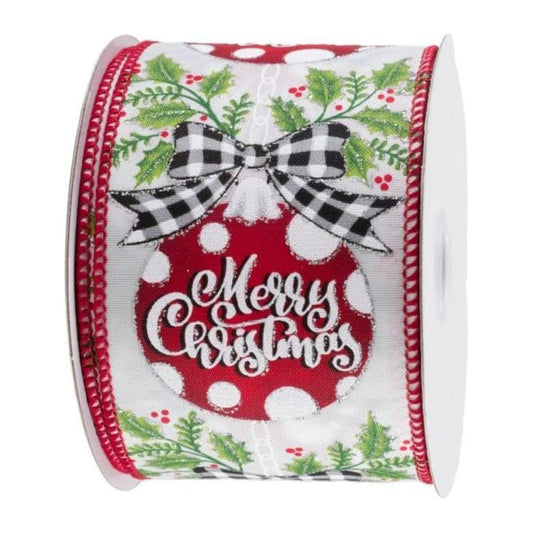 2.5" Christmas Ornament Holly Ribbon: White & Red (10 Yards)
