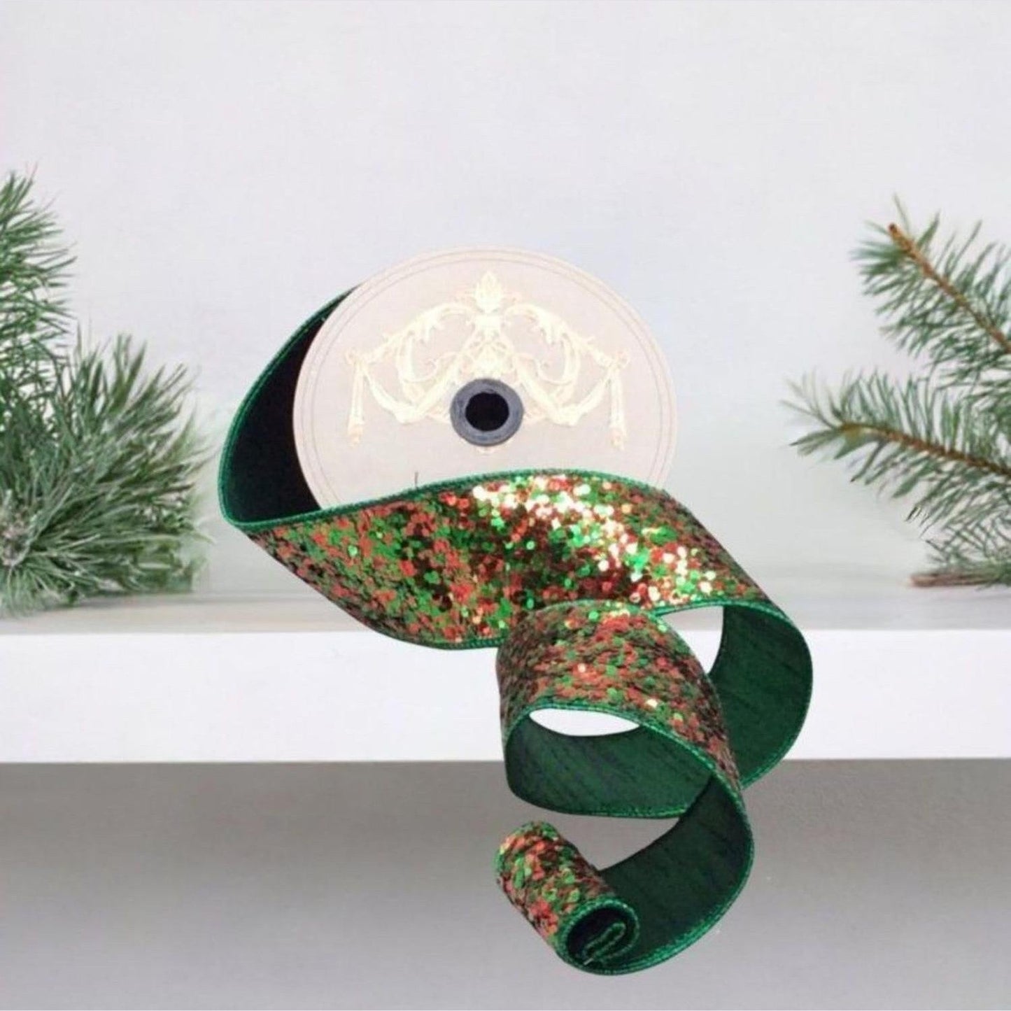2.5" Cirque Glitter Ribbon: Emerald Green/Red (10 Yards)
