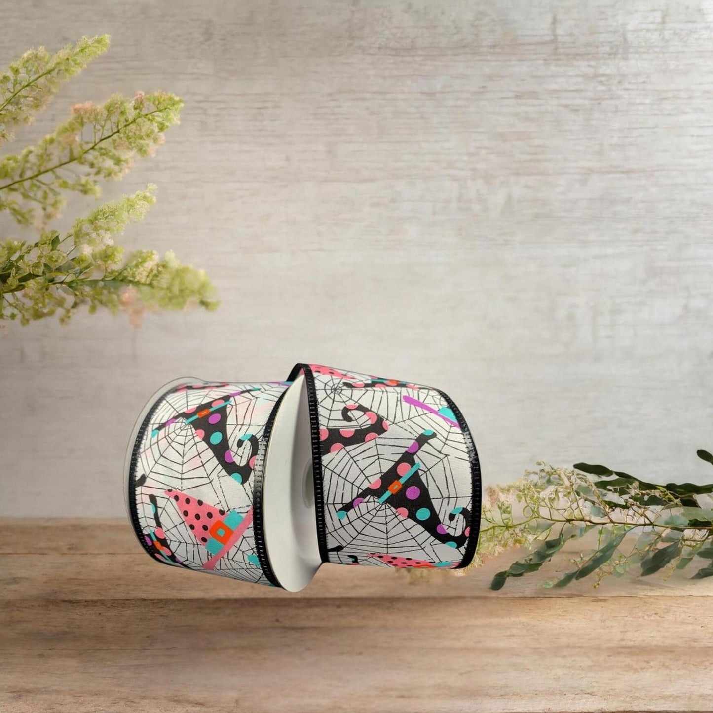 2.5" Cobwebs and Witch Hats Ribbon: White (10 Yards)