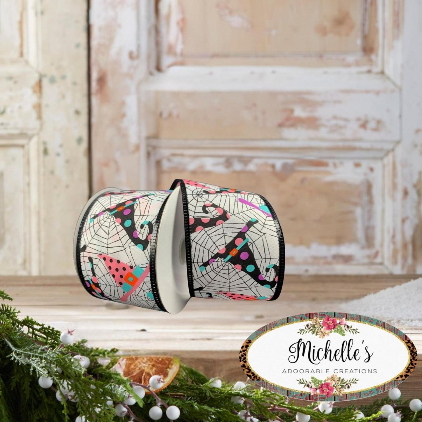 2.5" Cobwebs and Witch Hats Ribbon: White (10 Yards)