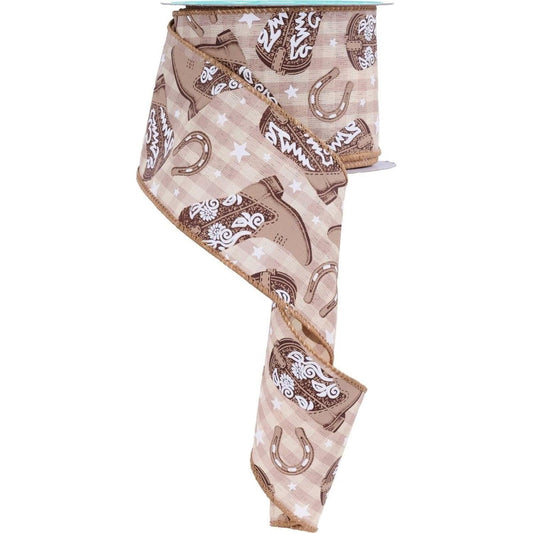 2.5" Cowboy Boots Ribbon: Beige (10 Yards)