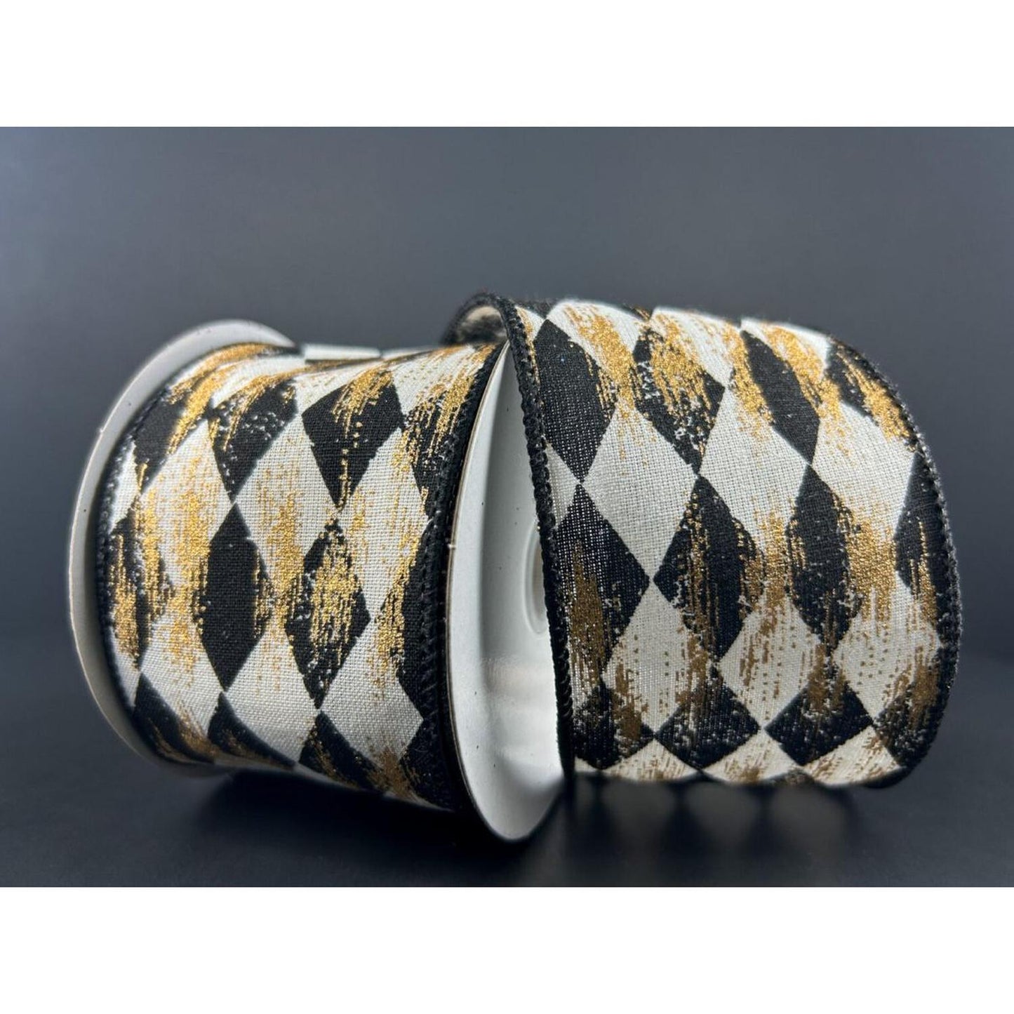 2.5" Cream Canvas Faded Harlequin Ribbon: Black