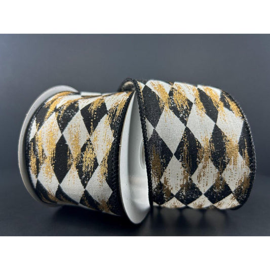 2.5" Cream Canvas Faded Harlequin Ribbon: Black