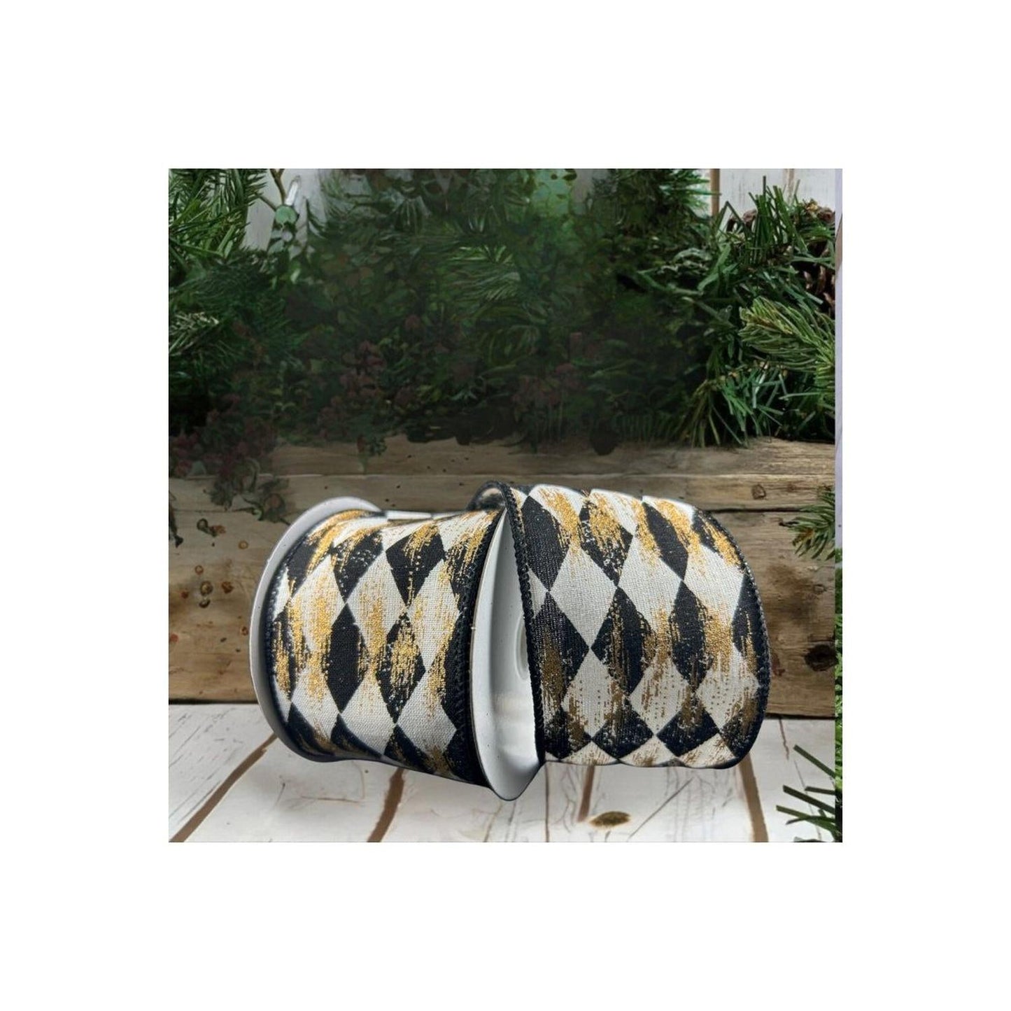2.5" Cream Canvas Faded Harlequin Ribbon: Black