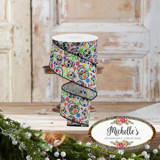 2.5" Day of the Dead Ribbon: White (10 Yards)