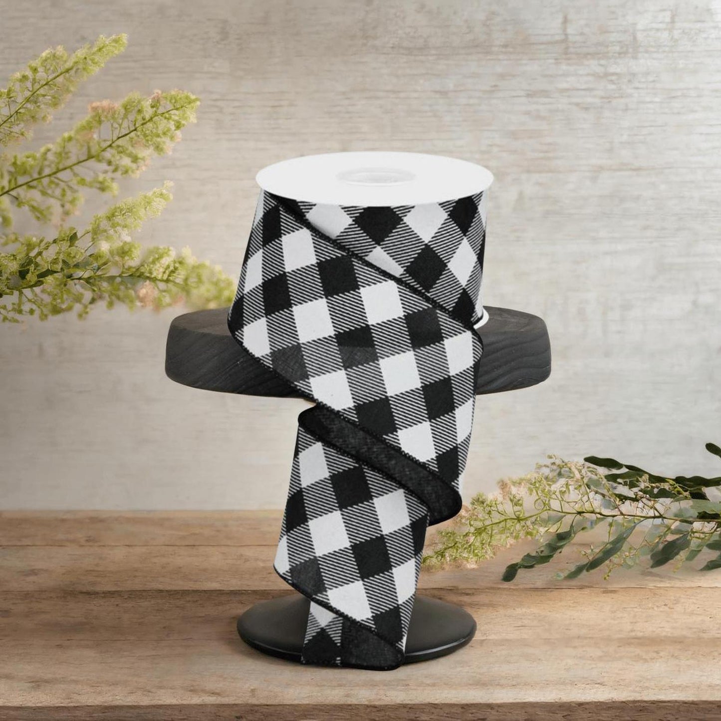 2.5" Diagonal Check On Royal Ribbon: Black & White (10 Yards)