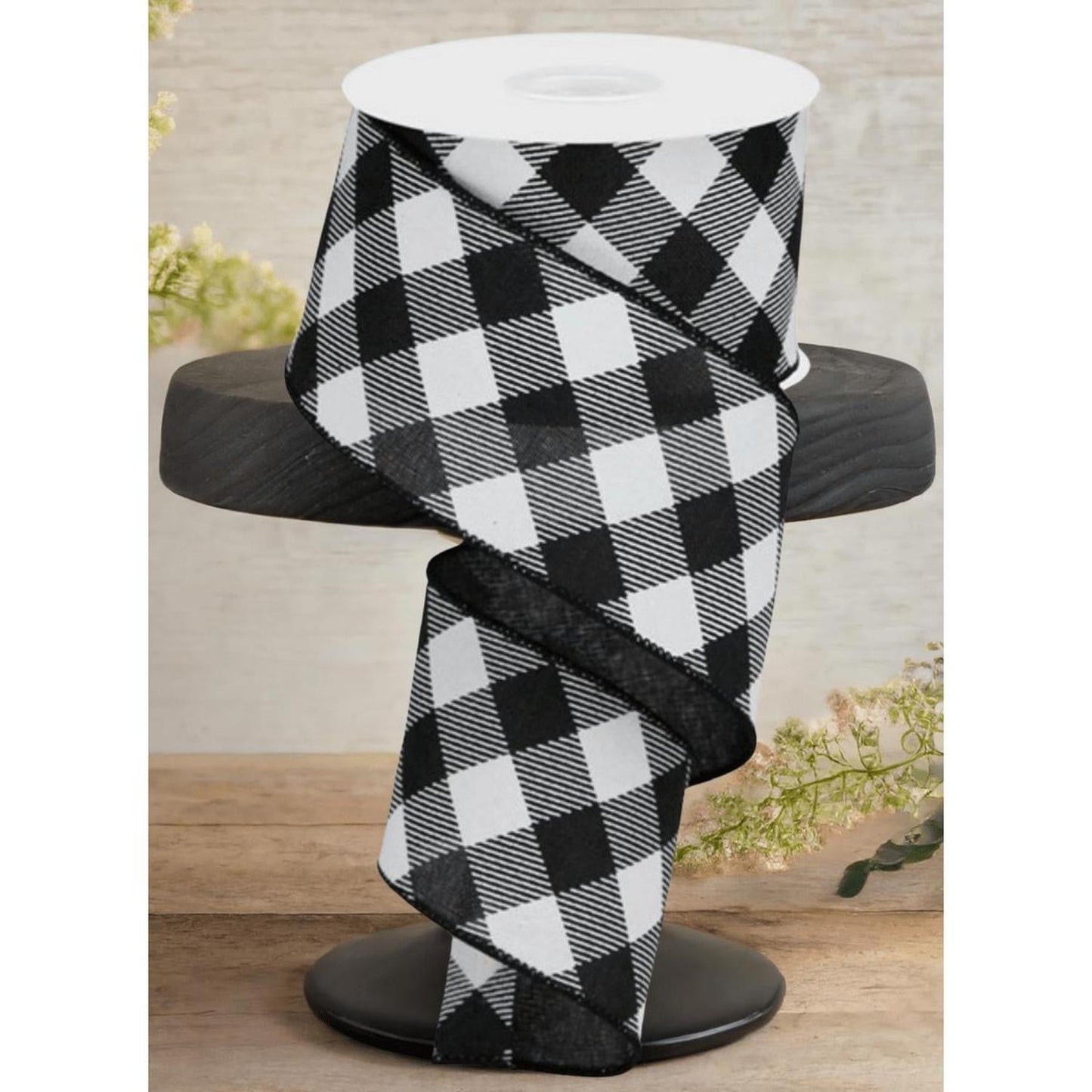 2.5" Diagonal Check On Royal Ribbon: Black & White (10 Yards)