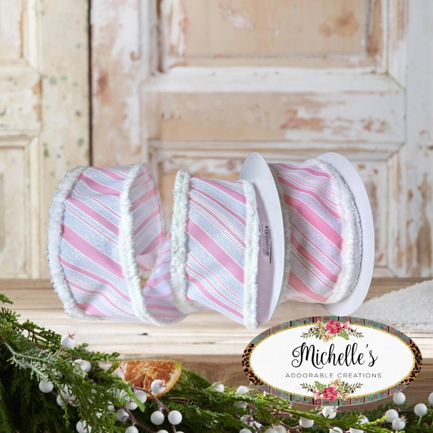2.5" Diagonal Stripe Snow Edge Ribbon: Pink & White (10 Yards)
