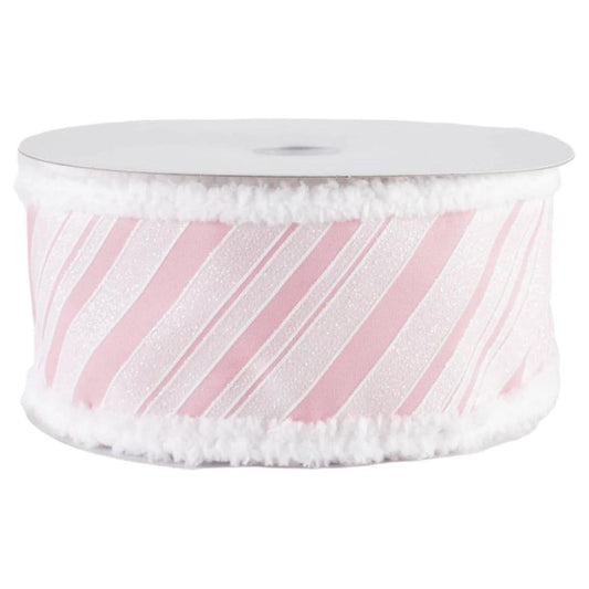 2.5" Diagonal Stripe Snow Edge Ribbon: Pink & White (10 Yards)