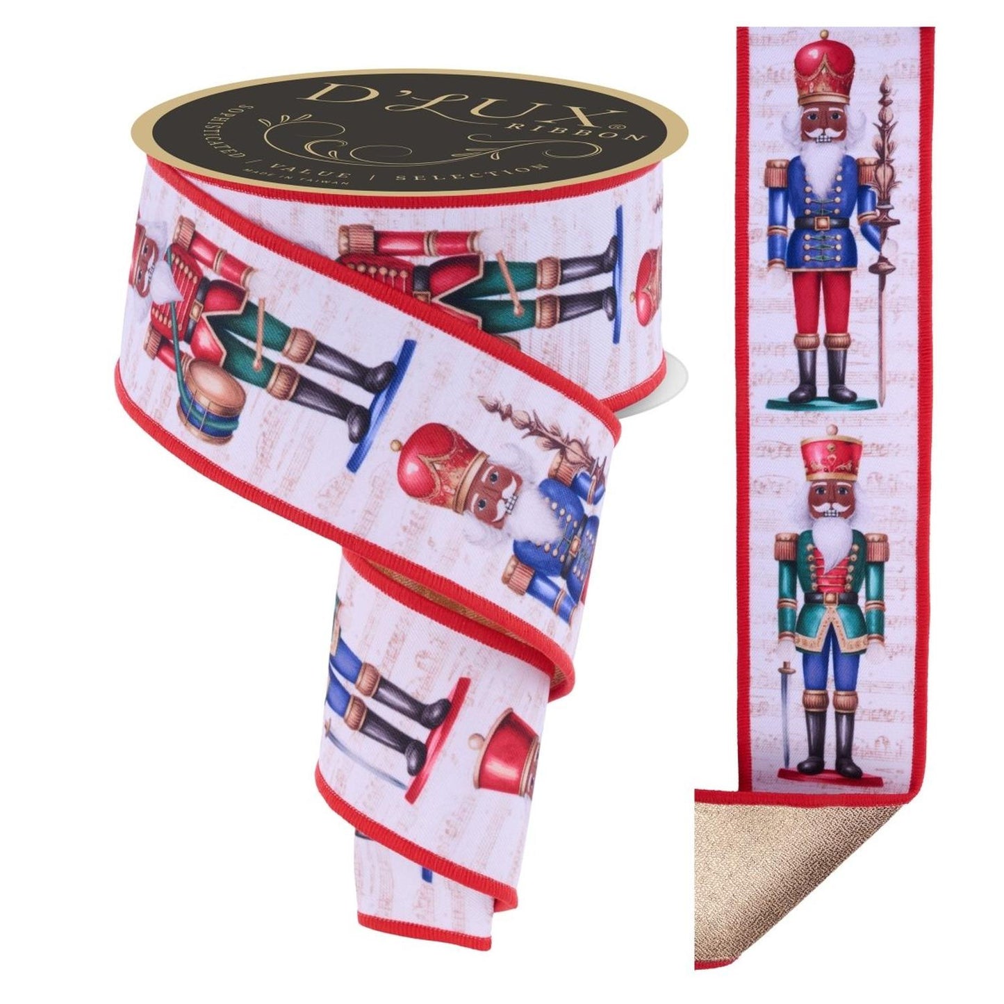 2.5" D'Lux Nutcracker Fused Ribbon: White/Red (10 Yards)