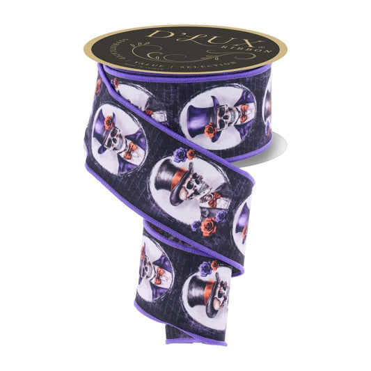2.5" D'Lux  Skeleton Portraits Fused Ribbon: Purple (10 Yards)