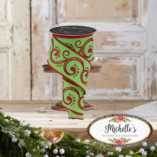 2.5" D'Lux Swirl Design Ribbon: Lime/Red (10 Yards)