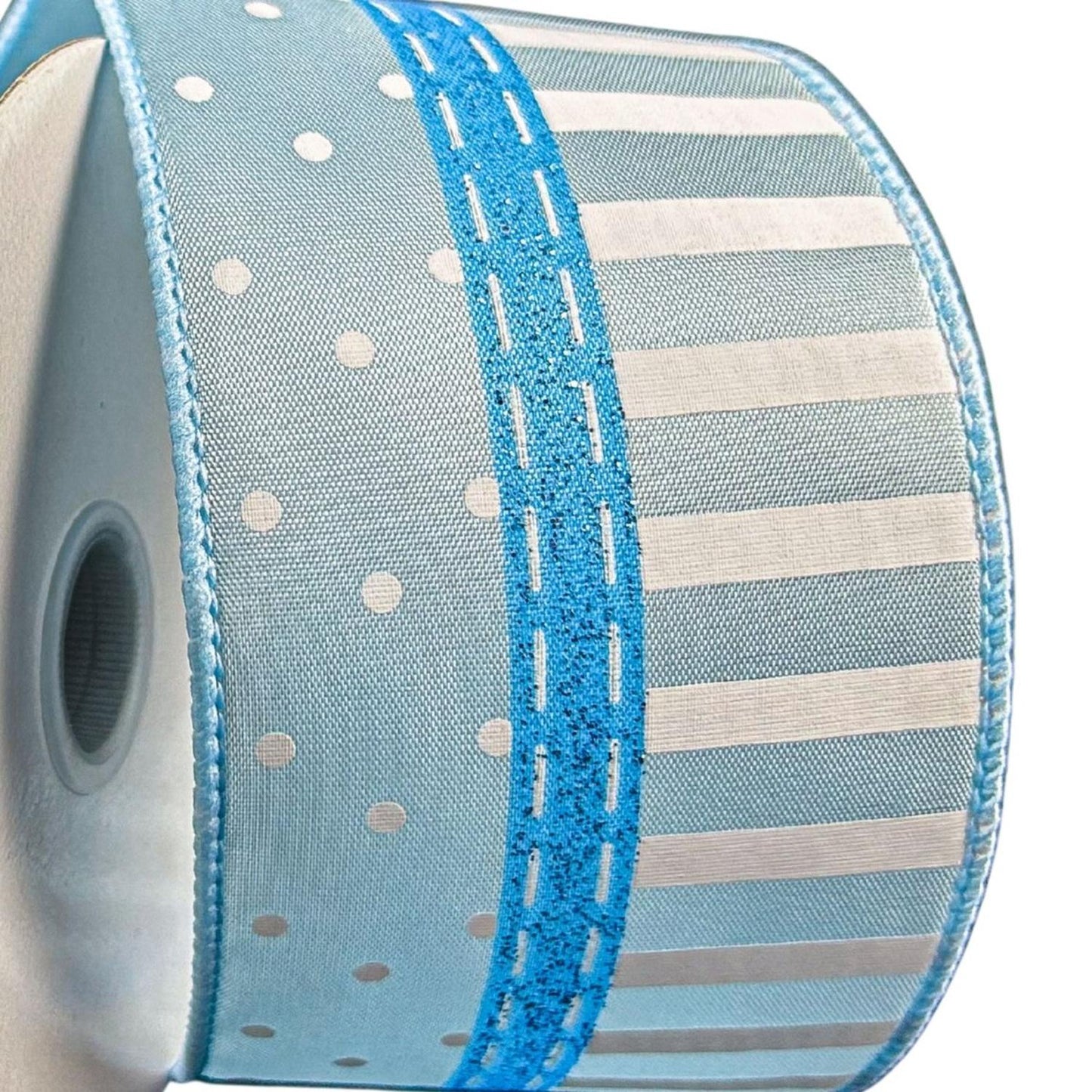 2.5" Dots and Stripes Whimsy Ribbon: Blue & White (10 Yards)