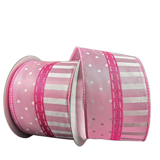 2.5" Dots and Stripes Whimsy Ribbon: Pink & White (10 Yards)